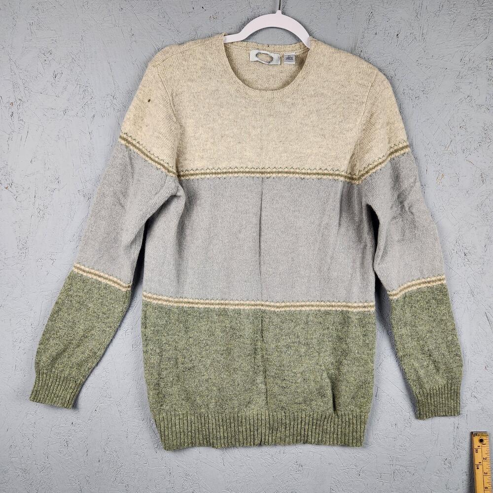 Lambswool Sweater Mens XL Cream Gray Green Colorblock Crewneck Knit Pullover